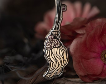 Peony Witch Broomstick - witchy enamel pin