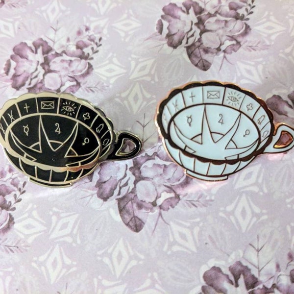 Teacup of Fortune - witch enamel pin - Black/silver or White/rose gold variants