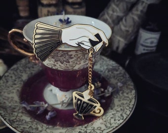 Poison Tea - Gothic Victorian hand & teacup - hard enamel lapel pin set with chain