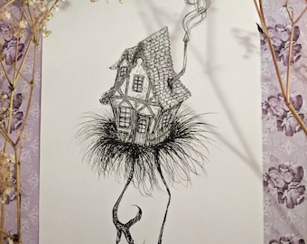 Baba Yaga's Hut - 5x7 Print - Russian folktale witch art