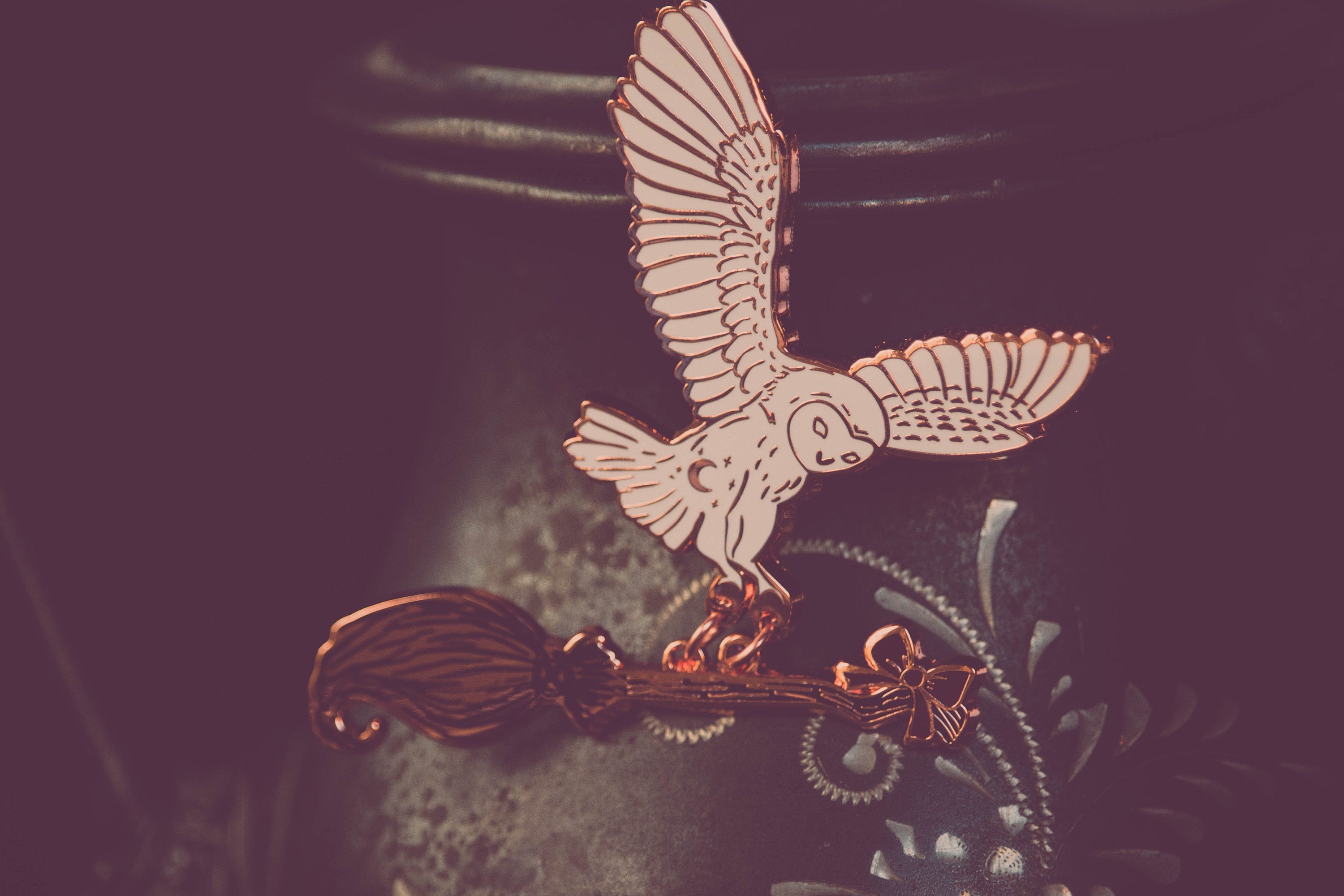 Starlight Owl - witchy familiar & broomstick barn owl enamel pin set …