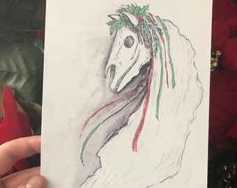 Mari Lwyd - 5x7 Print - Welsh Yule skeleton horse art