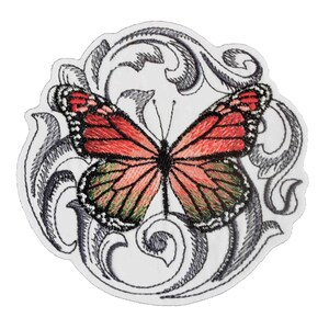 May include: Embroidered patch featuring a red and green butterfly with intricate black and gray floral designs.