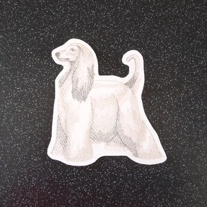 May include: A black and white illustration of an Afghan Hound dog standing on a black background.