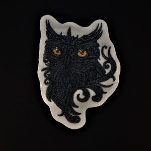 Embroidered Owl Patch: Small Obsidian Grey Bird Applique
