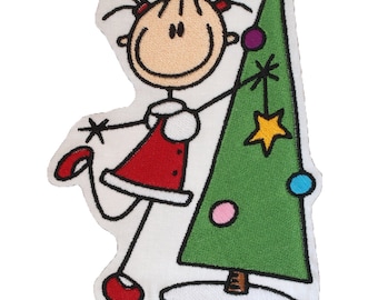 Grand écusson brodé de Noël : Fille festive et arbre (6,5 x 4,75 po.)