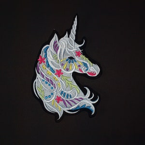 Large Bohemian Floral Unicorn Embroidered Patch: Iron-On Applique