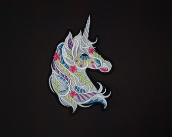 Large Bohemian Floral Unicorn Embroidered Patch: Iron-On Applique