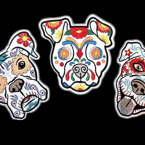 Parche del Día de Muertos, perro calavera, calavera de azúcar, parche para planchar o coser del Día de los Muertos mexicano, parche bordado del Día de los Muertos, calavera