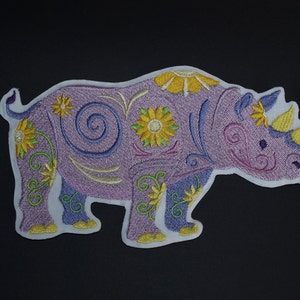 Flower Power Rhino Embroidered Sew on, Iron on, Glue On Patch Motif Accessory