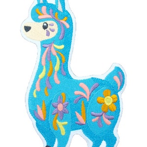 May include: A blue embroidered llama patch with colourful floral designs. The llama is standing with its head turned to the side.