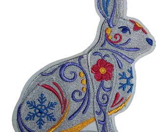 Embroidered Rabbit Patch, Silver Hare, Flower Power Design, Iron On/Sew On