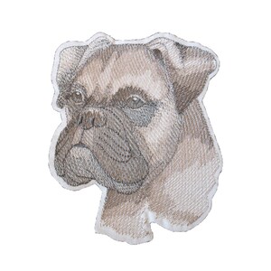 May include: Embroidered patch of a brown boxer dog's head. The dog has a serious expression and its ears are perked up.