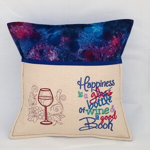 Embroidered Reading Cushion: Wine & Book Pocket Pillow, Batik Fabric