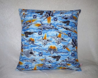 Fighter Jet Pillow: Military Airplane Cotton Cushion (14x14)