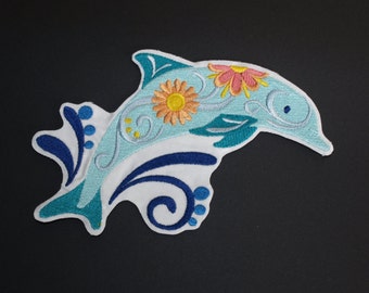 Flower Power Dolphin Patch: Embroidered Iron-On Applique