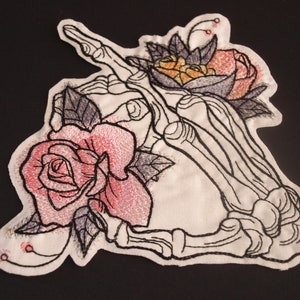 Skeleton Hand & Flowers Patch: Gothic Embroidered Iron-On Applique