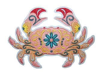 Flower Power Crab Embroidered Patch, Sea Creature Applique (7x5")