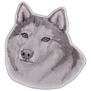 Könnte beinhalten: Eine Schwarzweißzeichnung eines Wolfskopfes mit Bleistift. Der Wolf blickt dem Betrachter mit einem ernsten Ausdruck direkt an.