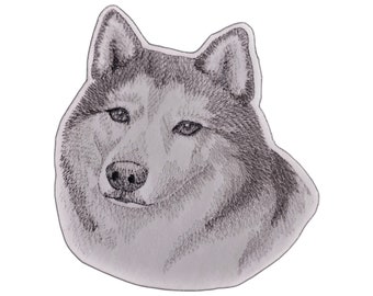 Sketched Husky Patch: Embroidered Iron-On Dog Motif (4.5" x 4")