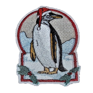 Embroidered Christmas Penguin Patch: Festive Iron-On Applique (4&quot; x 3.5&quot;)