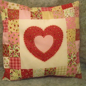 Heart Patchwork Cushion: Pink Cotton Square Pillow, Girls Gift