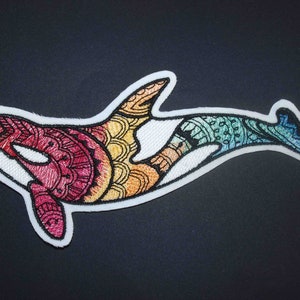 Embroidered Orca Patch: Colorful Iron-On Applique (7&quot; x 4&quot;)