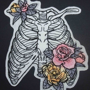 Rib Cage Flower Patch: Embroidered Skeleton Applique (5.5&quot;)