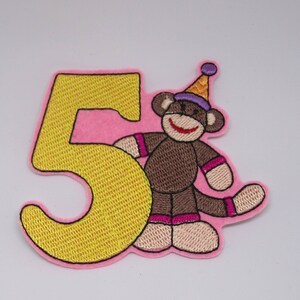 Patch singe chaussette 5e anniversaire, patch à coudre, patch thermocollant, patch singe chaussette, patch 5e anniversaire, patch 5e anniversaire fille, cartes d'anniversaire
