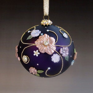 Jeweled Floral Ornament Deep Plum 5&quot; German Blown Glass Ball