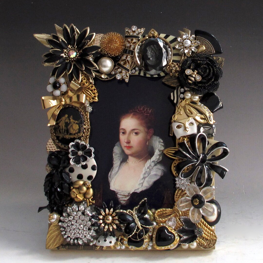 Black and Gold Jeweled Picture Frame 'masquerade' Handcrafted of