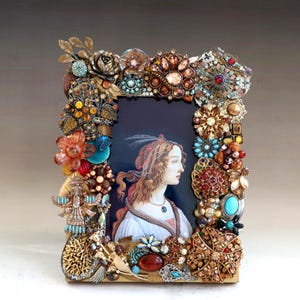 Jeweled Picture Frame "Florenza" in Antique Gold Amber Turquoise Handcrafted from Vintage Jewelry