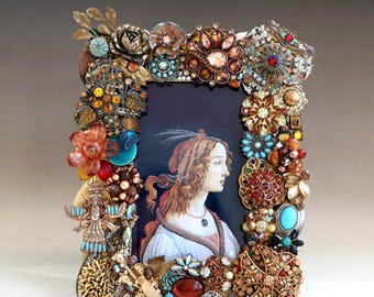Jeweled Picture Frame "Florenza" in Antique Gold Amber Turquoise Handcrafted from Vintage Jewelry