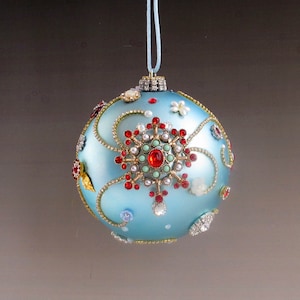 Jeweled Ornament 4&quot; Aqua and Gold Handcrafted Shatterproof Ball