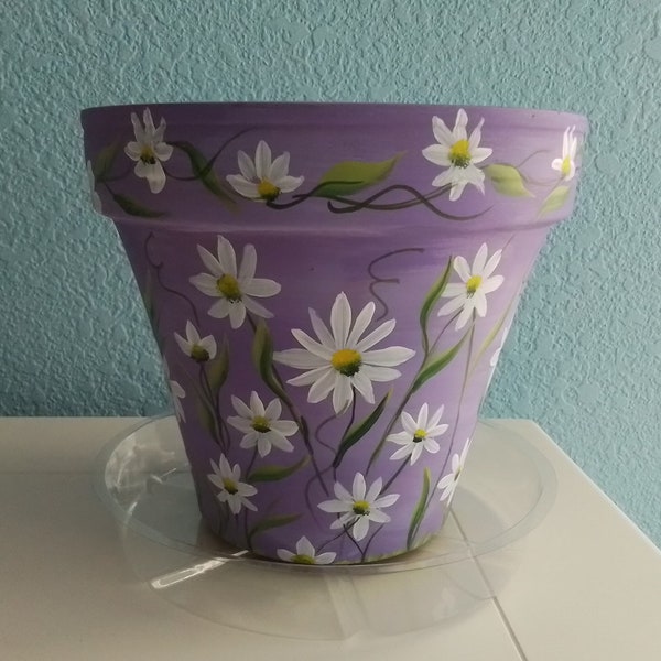 Made to Order* Large 8" *Hand Painted*Flower Pot*White Daisys on Lavender Background *Color,Design & Size Options available upon request**