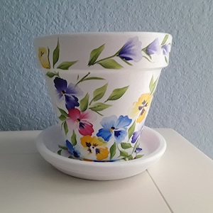 Made for You*Hand painted Flower Pot & Matching Saucer*6&quot; Multi colored Pansy Design on White*Hostess*Gardener*Birthday Gift