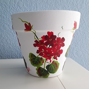 By Custom Order *Hand Painted *6&quot; Flower Pot & Saucer*Geranium design *Other colors available*Gift for any Occassion*Decorative Planter