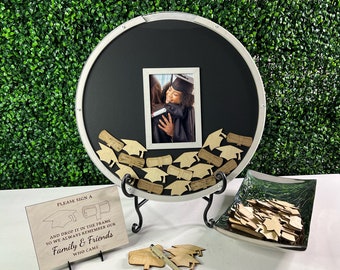 Round Guest Book Frame with Photo Opening for Graduation Celebration, Graduation Caps and Diploma drops, picture frame insert