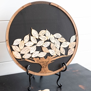 Round Guest Book Frame - Alternative Guest Book, Wooden Tree Insert with Leaf Drops