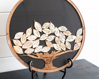 Round Guest Book Frame - Alternative Guest Book, Wooden Tree Insert with Leaf Drops