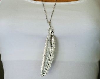 Extra Large Feather Pendant Necklace, Long Layering Necklace, Long Bohemian Necklace, Long Pendant Necklace, Stainless Chain Choose Length