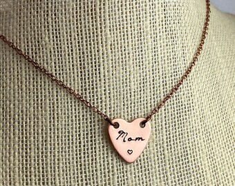 Copper Heart Necklace for Mom, Mother's Day Gift, Mom Necklace, New Mommy Gift, Gift for Mama, Hand Stamped Copper Heart Necklace, Mom Gift