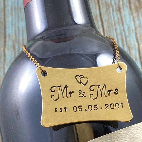 Mr and Mrs Bottle Gift Tag, Rustic Hand Stamped Solid Brass Bottle Tag, Custom Wedding Date, Wedding Bottle Tag Keepsake, Bottle Necklace