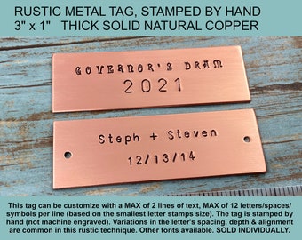 Personalized Custom Text Copper Tag, Rustic Hand Stamped Name Metal Plate, Tag for Pet Memorial Box, Copper Seventh Wedding Anniversary Gift