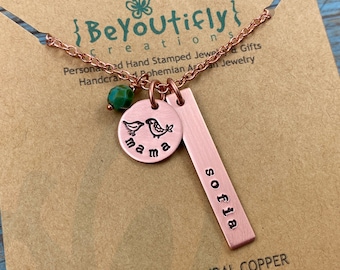 Personalized Mom Necklace, Mama Bird Baby Bird Necklace, Child Name Vertical Bar Necklace, Mother's Day Gift, New Mom, Hand Stamped Copper