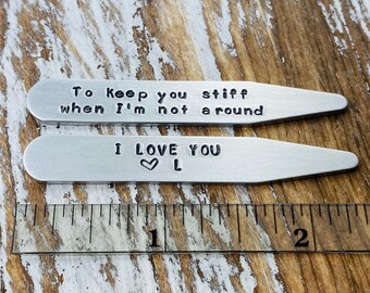 Set of Two Personalized Collar Stays, Rustic Stamped by Hand Aluminum, Custom Text Collar Stays, Valentine's Gift, Tenth Anniversary Gift