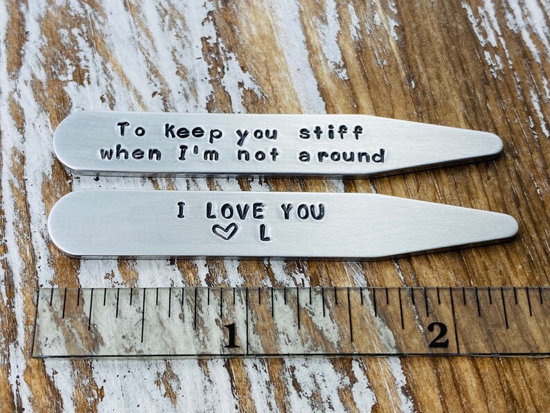 Set of Two Personalized Collar Stays, Rustic Stamped by Hand Collar Stiffs, Custom Text Collar Stays, Valentine's Day Gift, Gift for him 