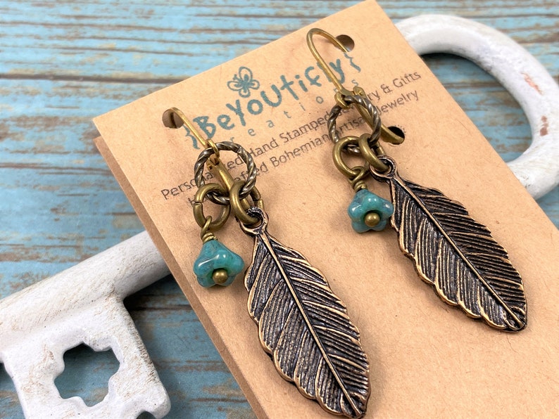 Antique Bronze Plated Leaf Earrings Bohemian Leaf Earrings Statement Earrings Festival Indie Earrings Czech Glass Flower Dangle Earrings