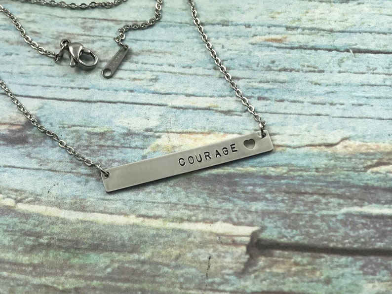 Non Tarnish Necklace Personalized Bar Necklace with Heart Punch Stainless Steel Name Plate Necklace Hand Stamped Horizontal Bar Necklace