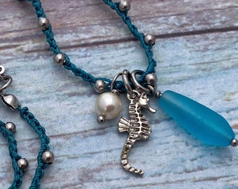 Bohemian Beaded Necklace, Beach Inspired Seahorse Sea Glass Necklace, Boho Chic Beaded Crocheted Necklace, Teal Necklace, Summer Necklace